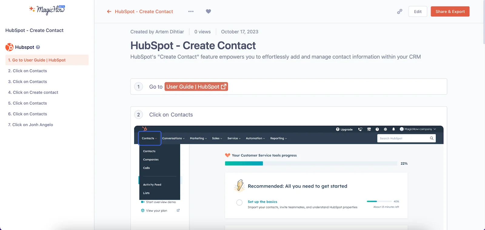 MagicHow recording contact creation process with step-by-step screenshots