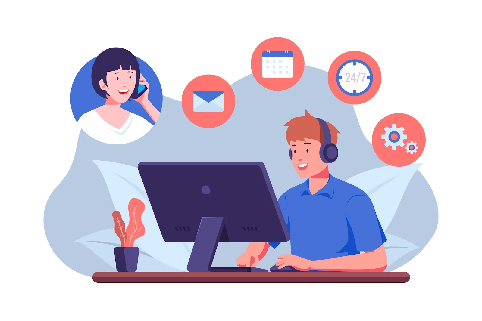Accessible knowledge base illustration with customer support agent at computer