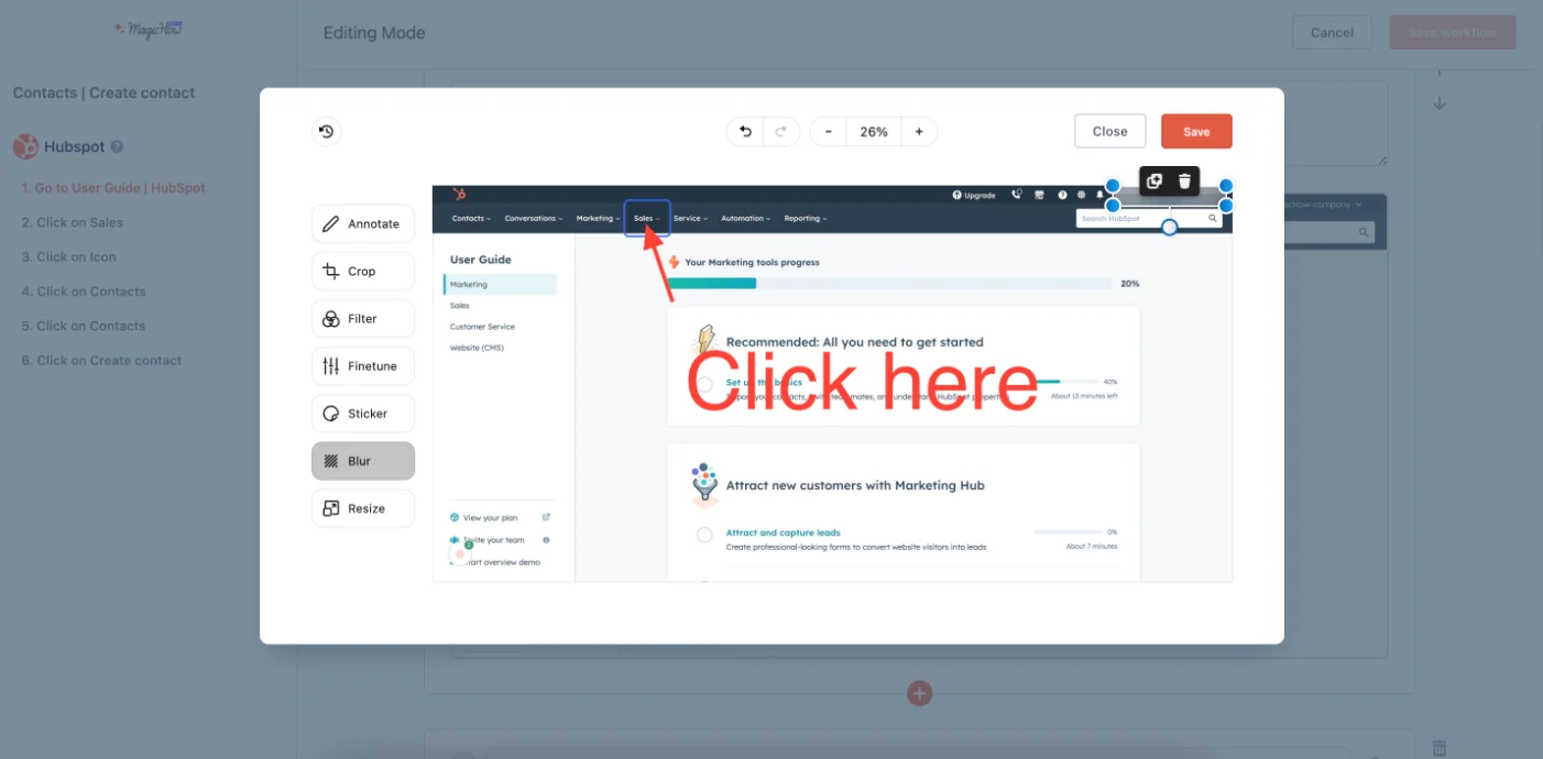 MagicHow editor with annotation, blur, and crop tools for training manuals