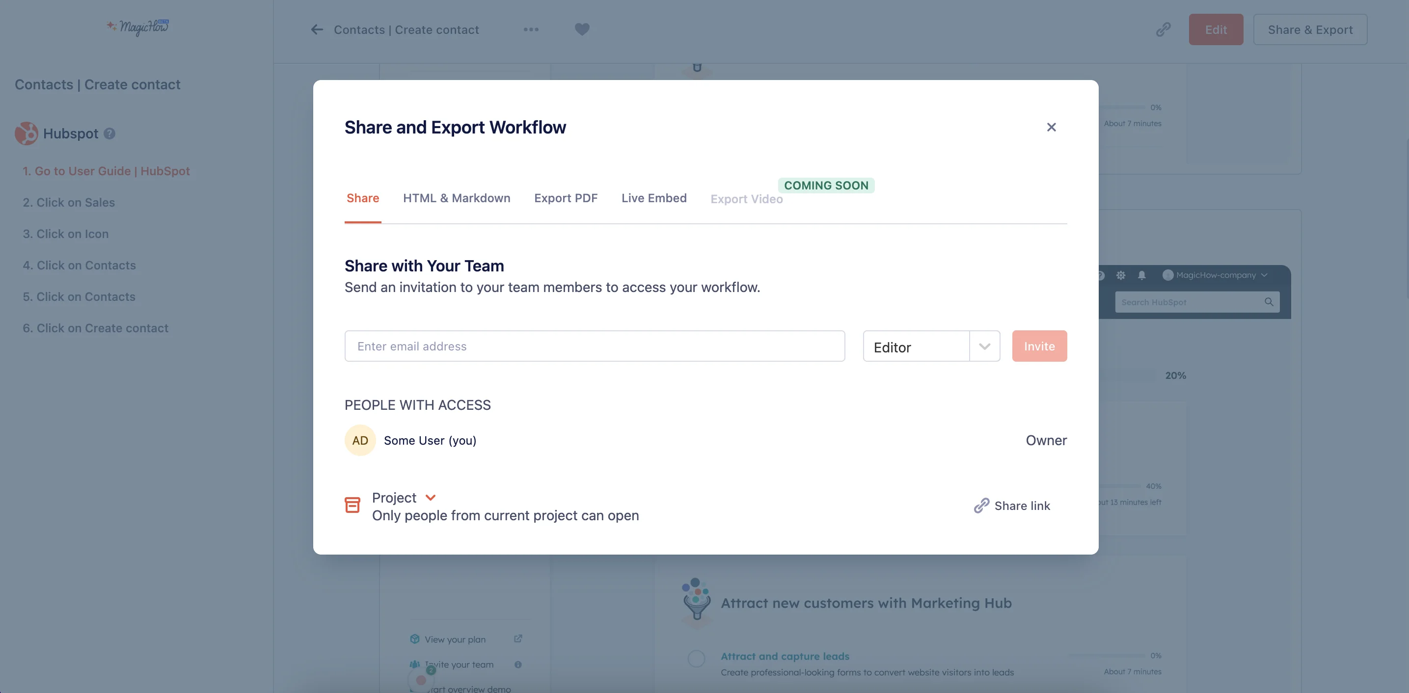 Managing access and sharing options for a training manual in MagicHow