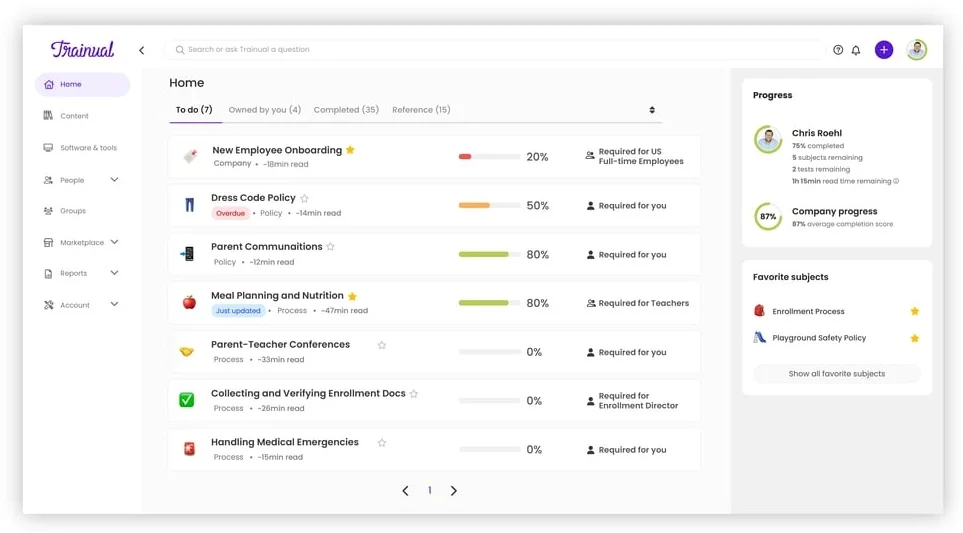 Trainual demo dashboard with corporate training materials